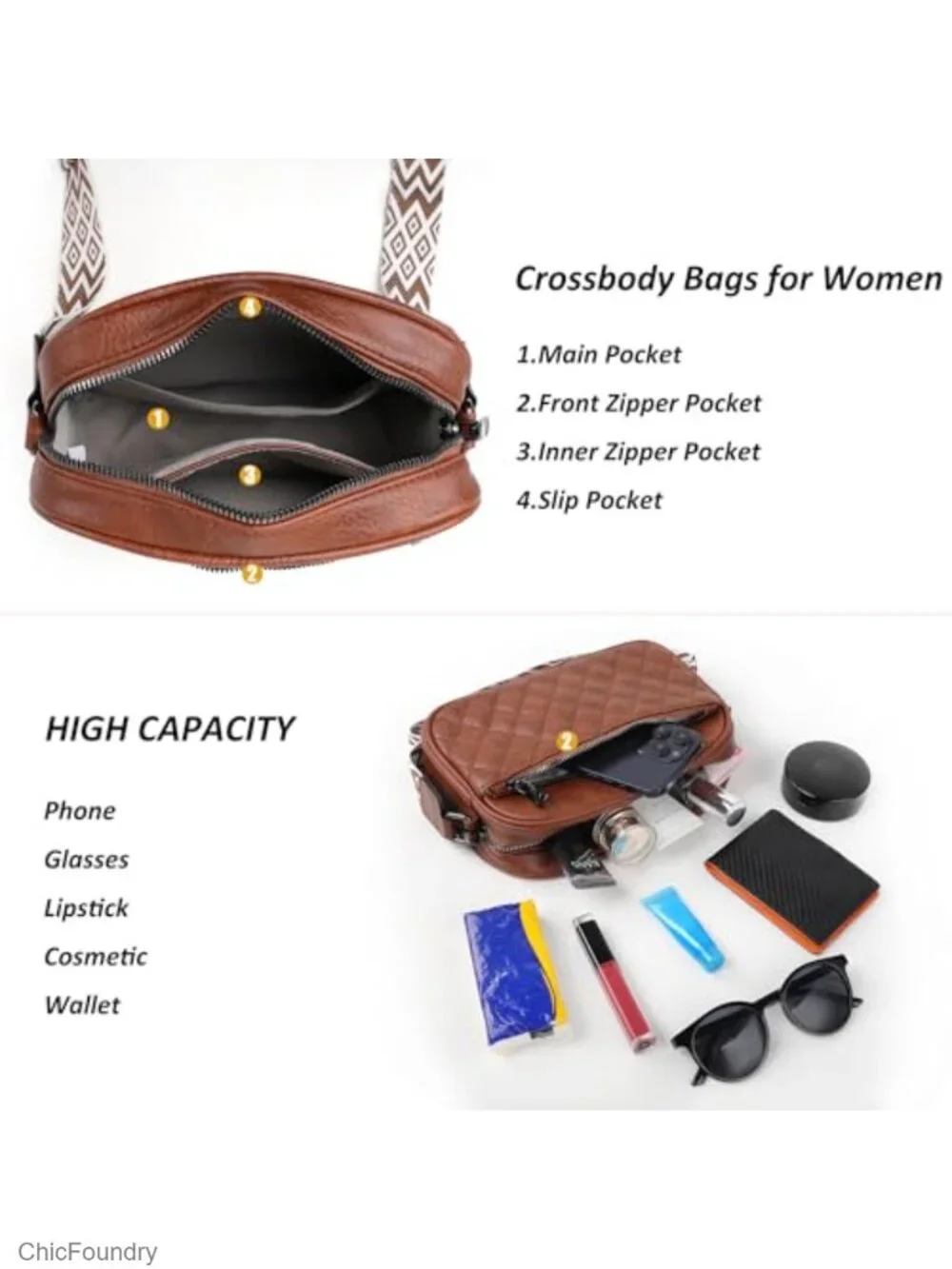 Quilted Faux Leather Crossbody Purse with Adjustable Strap